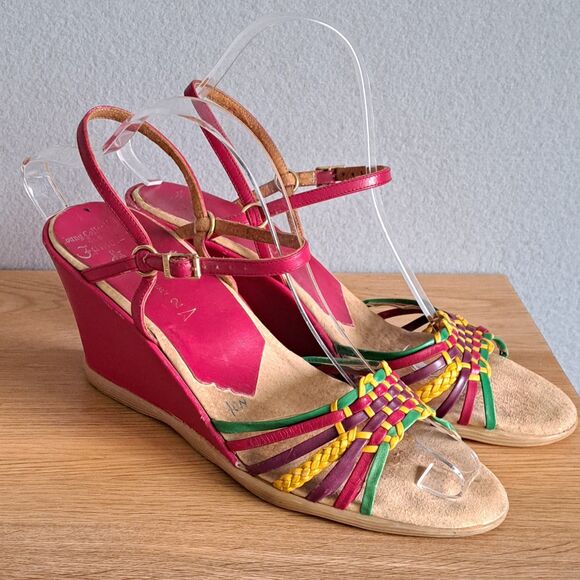 Famolare Vintage Sandals 10 Narrow 70s Hi-Up Pink Wavy Platform Strappy Wedge - Picture 9 of 11